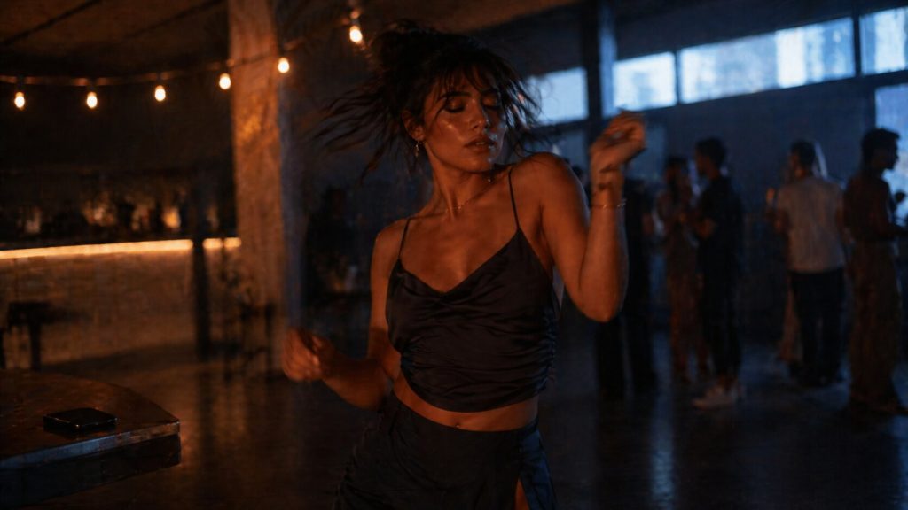 Young woman dancing in a quiet club at sunrise, representing movement and emotional release in “Lush Life”.