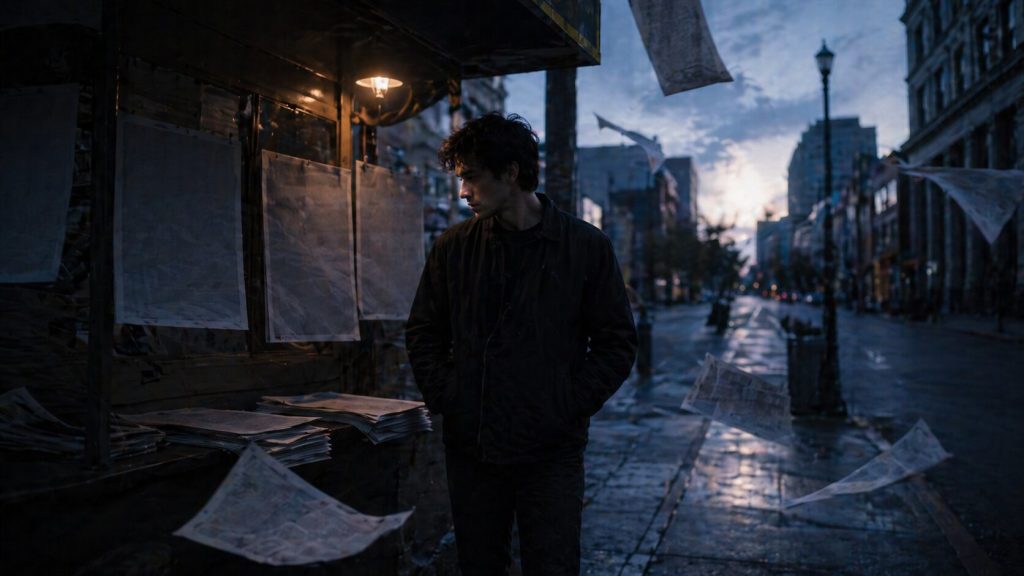 Young man stands near blank newspapers at dawn, symbolizing private heartbreak becoming public