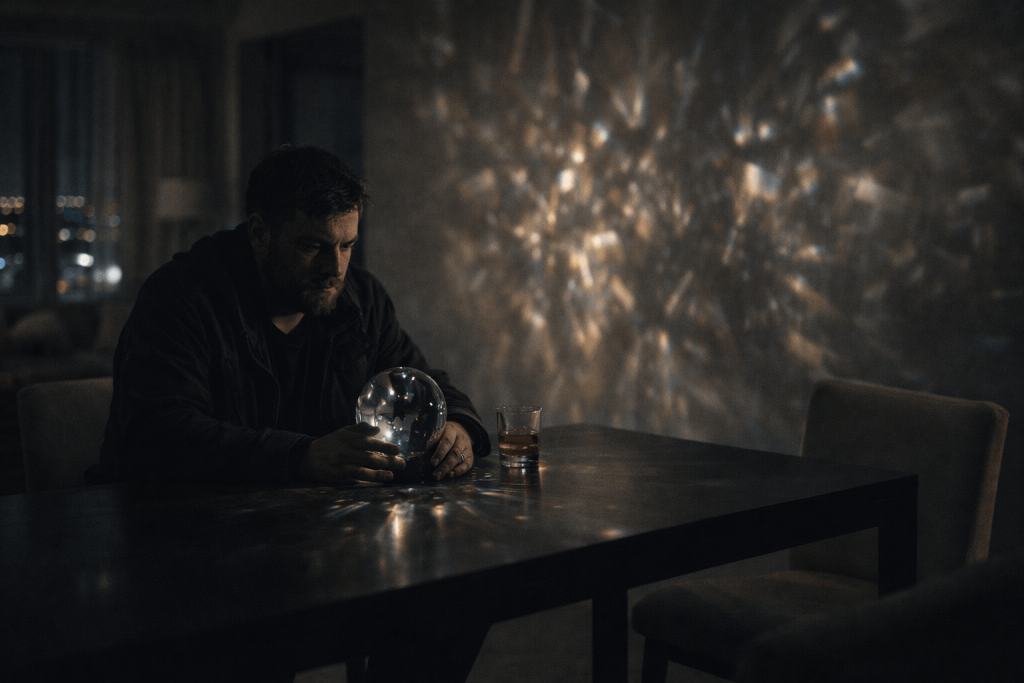 Moody editorial image of a man staring at reflective glass in a dark room, symbolizing fatalistic love in Teddy Swims’ “Mr. Know It All”