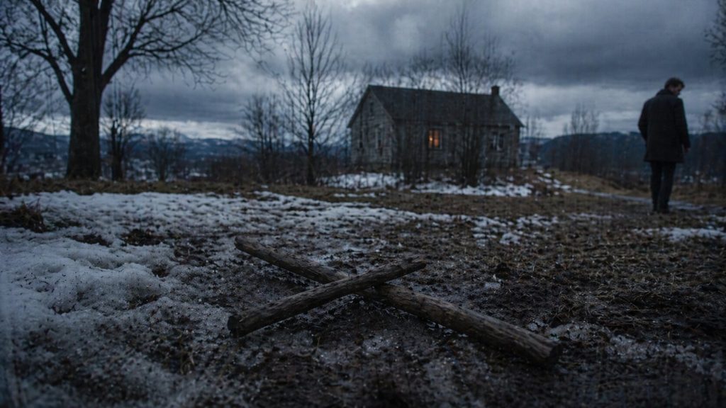 Crossed sticks in a cold Vermont backyard beneath storm clouds, representing childhood patterns in Noah Kahan’s “Doors”.