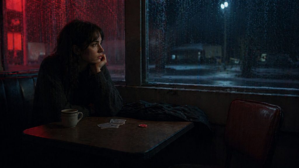 A woman alone in a moody roadside diner with subtle red gambling imagery, symbolizing emotional risk in Noah Kahan’s “Doors”.
