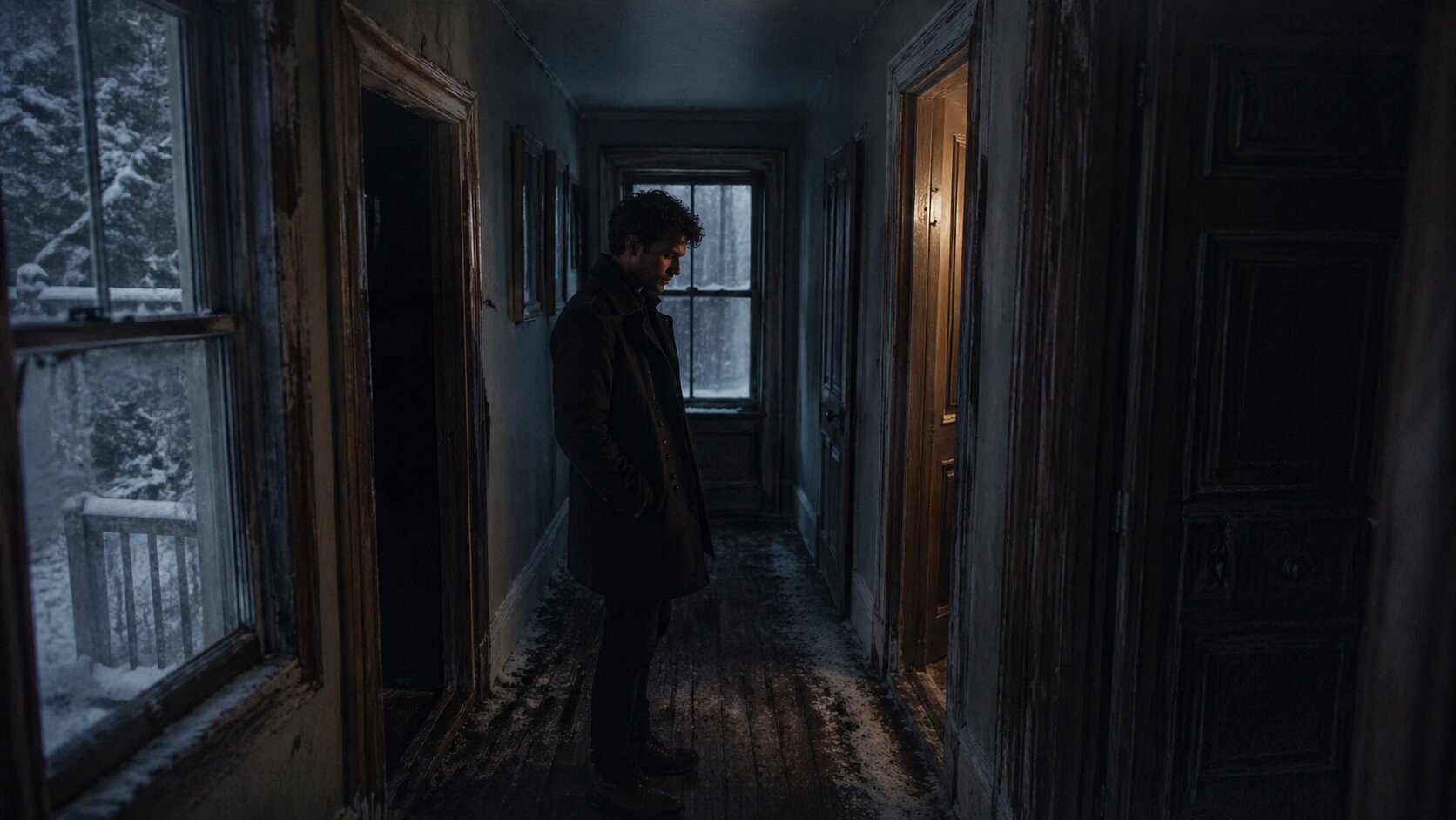 A solitary man standing in a cold New England hallway surrounded by half-open doors, symbolizing Noah Kahan’s “Doors” and emotional guardedness.