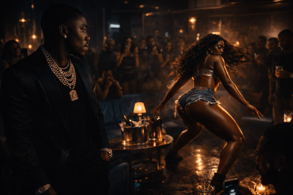 Moody VIP club image inspired by Pop Dat Thang, showing status, spectacle, and a woman dominating the visual energy of the room