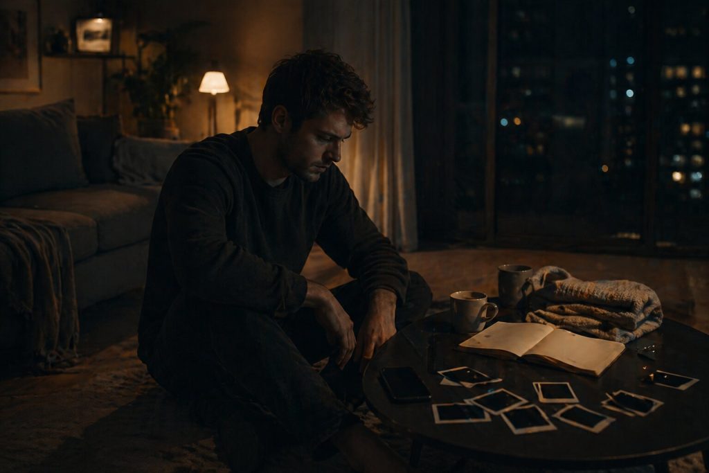 A young man sits alone in a dim apartment surrounded by quiet breakup memories and emotional remnants.