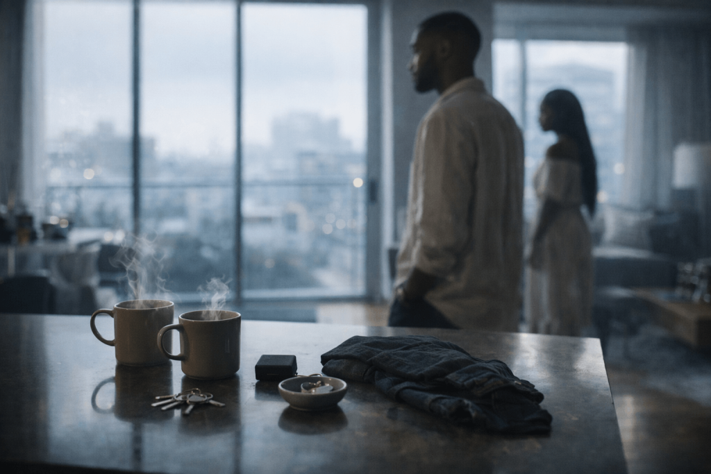 Rain-washed morning interior with subtle commitment symbols, representing love, permanence, and emotional healing in Dave and Tems’ “Raindance”