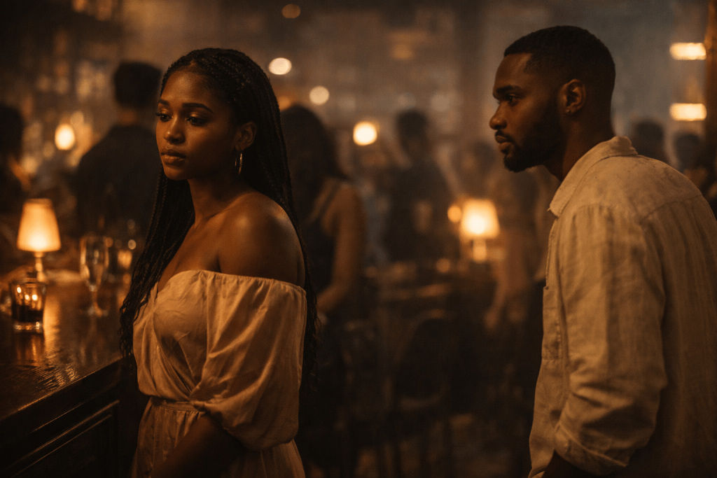 Moody bar scene showing an emotionally guarded woman and a man noticing her from across the room, reflecting the opening meaning of “Raindance.”