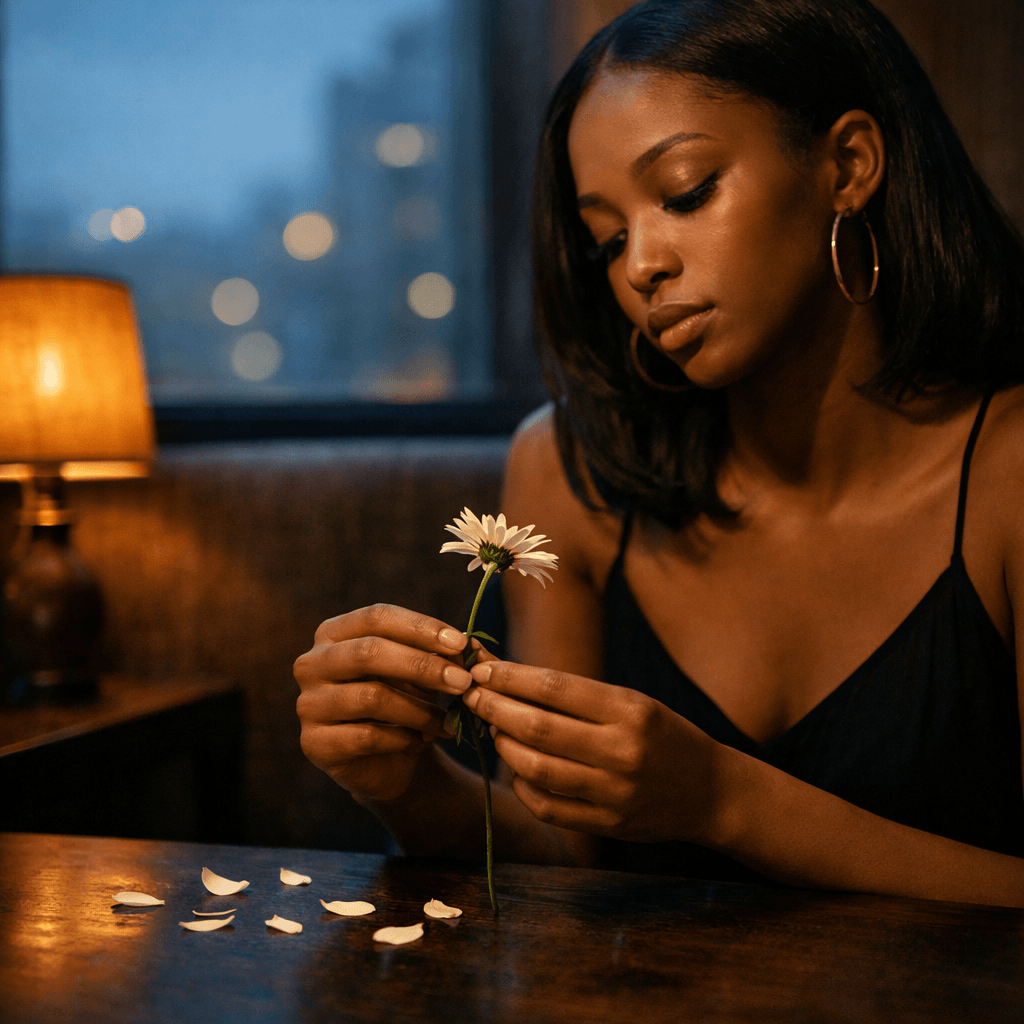 Editorial image of a woman holding a flower with missing petals, symbolizing uncertainty and emotional ambivalence in Ravyn Lenae’s “Love Me Not”