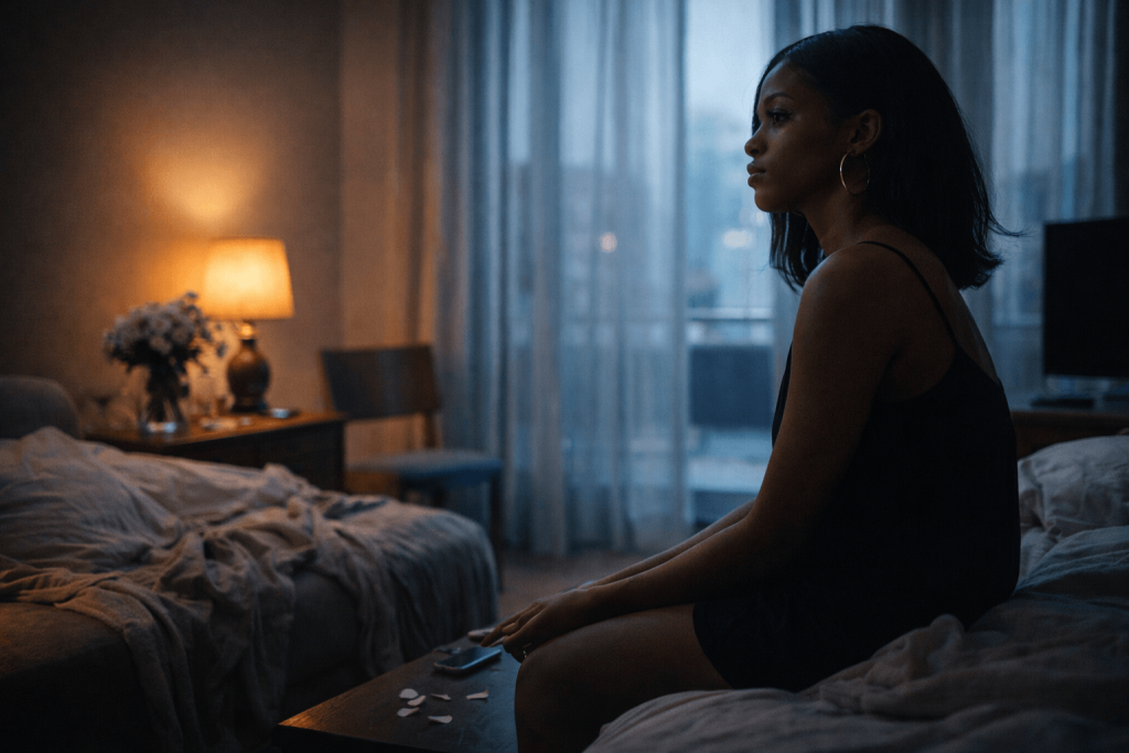 Cinematic morning-after image of a woman alone in a dim apartment, reflecting the emotional cycle and unresolved tension in Ravyn Lenae’s “Love Me Not”