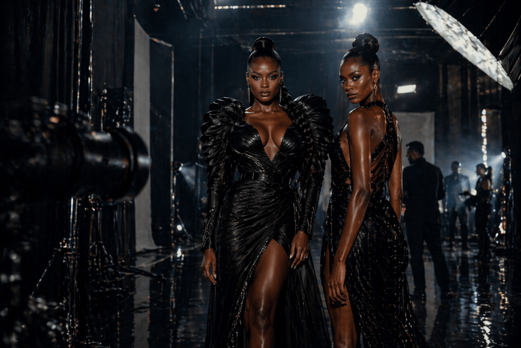 Two confident women control the camera in a fashion studio symbolizing visibility and power in Runway