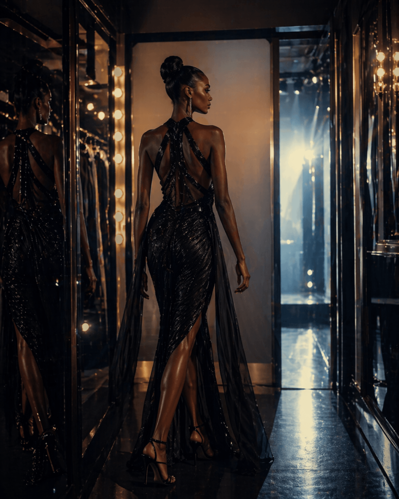 A cinematic backstage fashion scene showing confidence as choreography in Lady Gaga and Doechii’s Runway