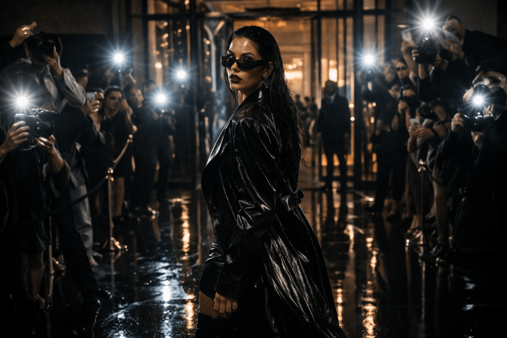 Cinematic flash-lit fashion image symbolizing how “Runway” turns public scrutiny into power