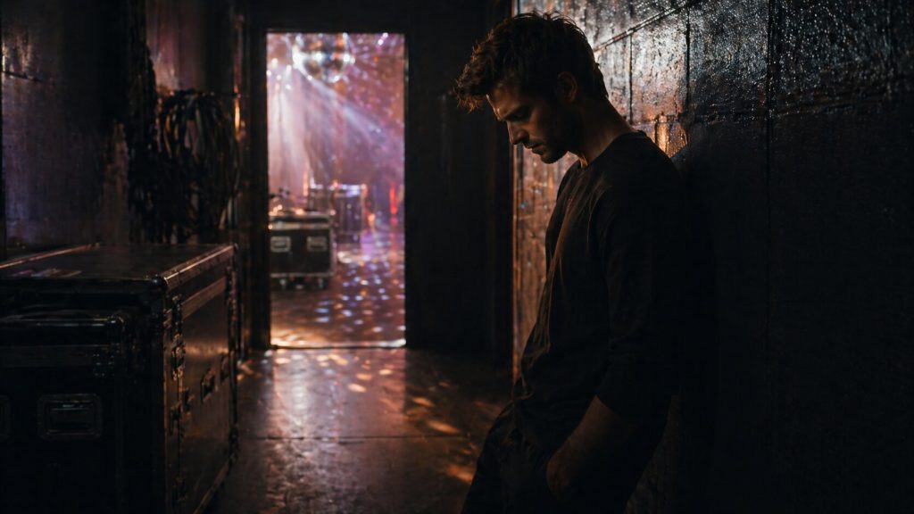 A young man stands alone backstage while distant stage lights symbolize fame that cannot heal a breakup.
