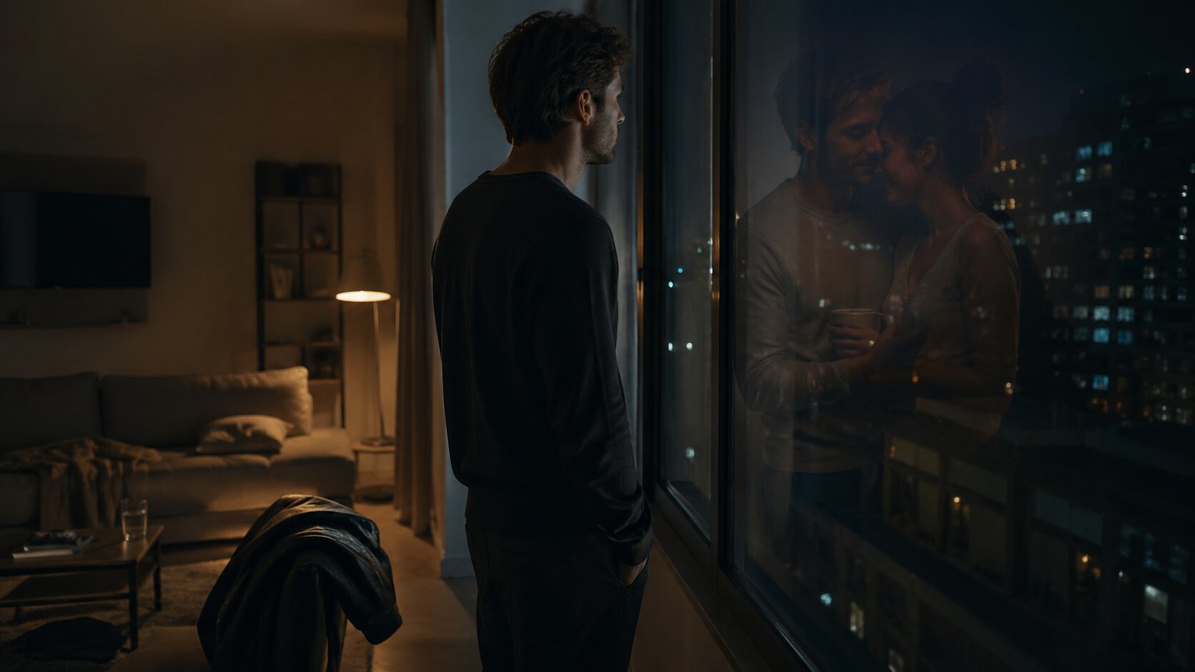 A lonely young man in a night apartment looking at a window reflection that symbolizes the future a lost relationship never reached.