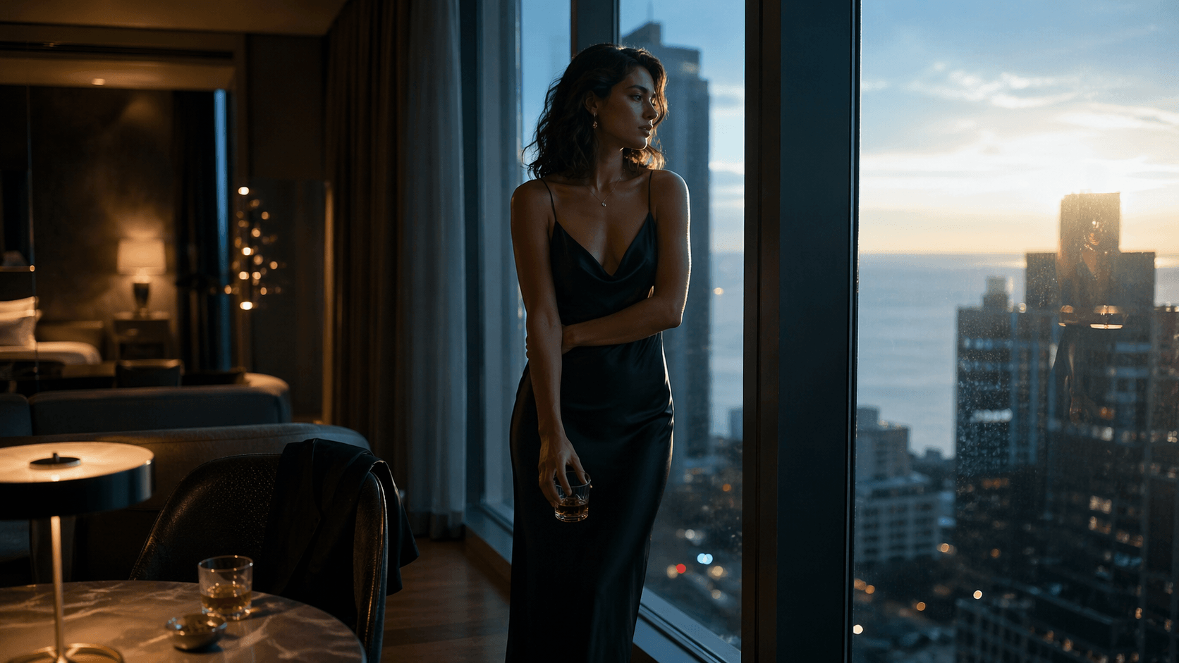 Cinematic dawn scene of a stylish figure standing by a window after a night out, symbolizing the meaning of Tame Impala and Jennie’s “Dracula”