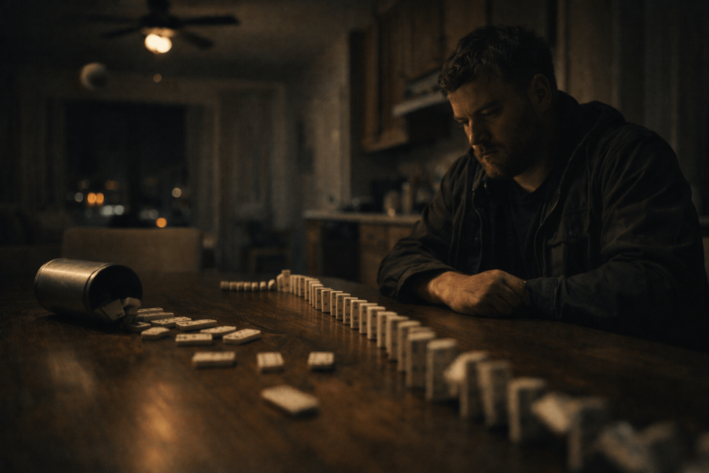 Editorial image of falling dominoes and a solitary man at night, representing repeated emotional collapse in Teddy Swims’ “Mr. Know It All”