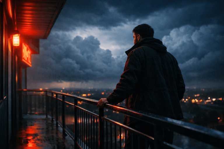 Cinematic image of a solitary man dressed for a storm before it arrives, symbolizing self-sabotage in Teddy Swims’ “Mr. Know It All”