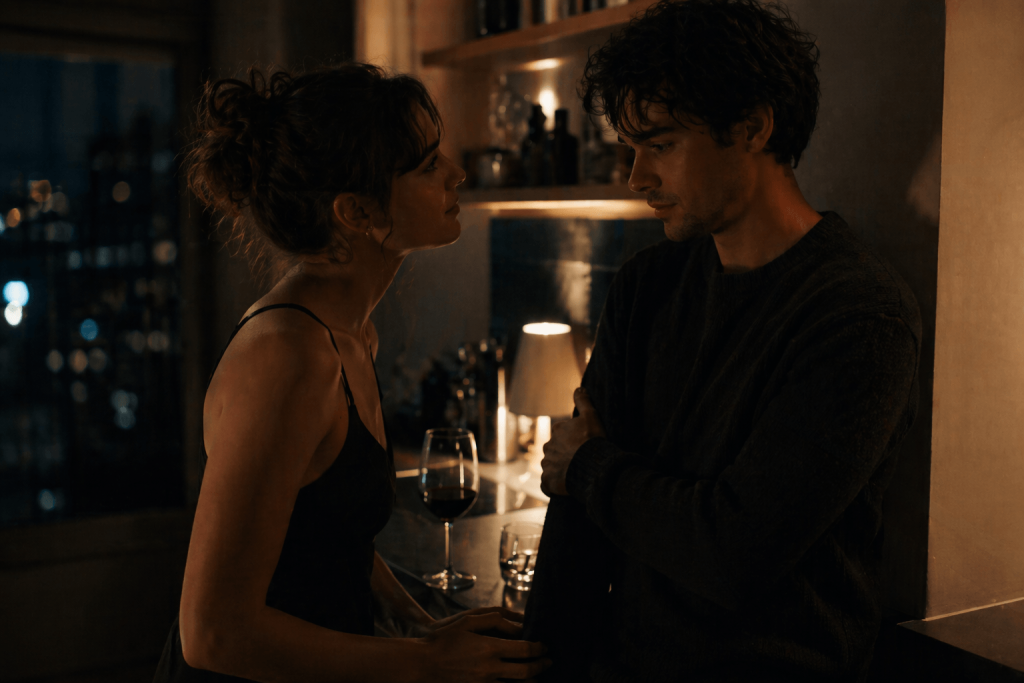 Moody cinematic image of two people in a late-night intimate conversation, reflecting the emotional imbalance in Temper City’s “Self Aware”