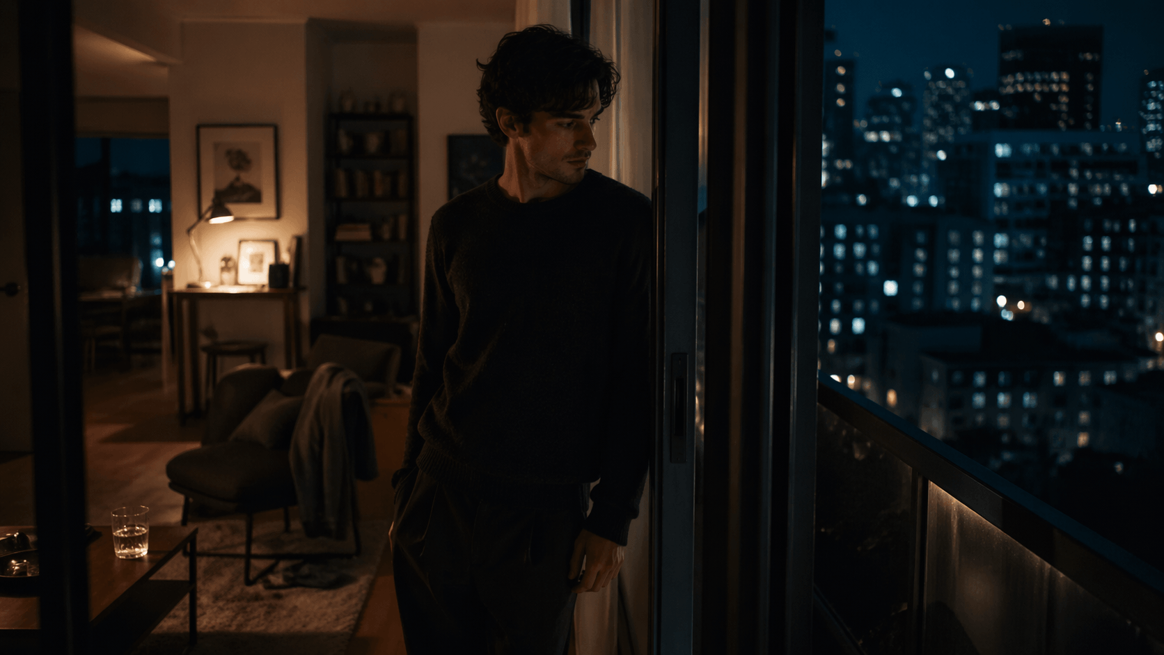 Cinematic night image of a young man standing between warm interior light and a dark city view, symbolizing the emotional tension in Temper City’s “Self Aware”