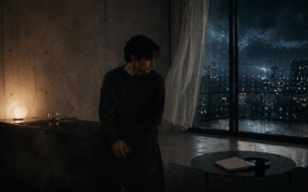 Atmospheric cinematic image of a man alone in a room filled with subtle weather-like tension, inspired by the symbolism in Temper City’s “Self Aware”