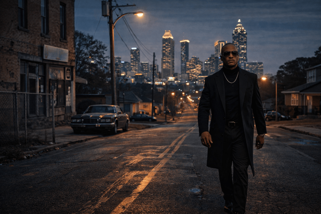 Editorial image showing a rapper figure moving through an Atlanta-inspired neighborhood toward a city skyline, reflecting T.I.’s street roots and lasting authority in “Let ’Em Know”