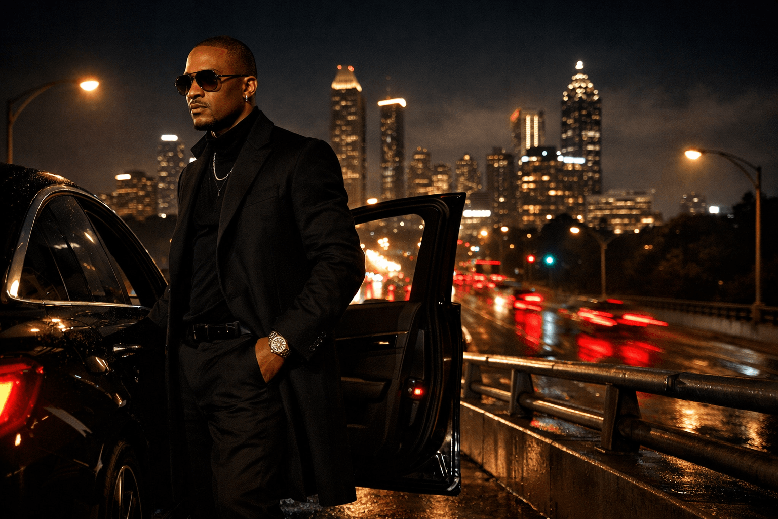 Cinematic night image of a powerful rapper figure beside a luxury car on a city overpass, symbolizing T.I.’s comeback and renewed dominance in “Let ’Em Know”