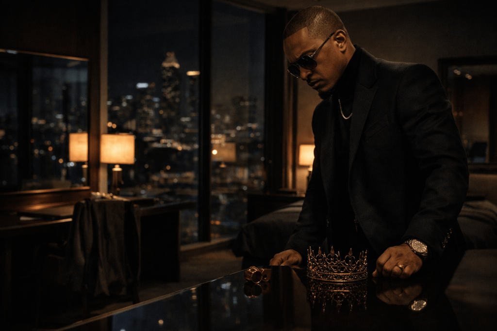Moody editorial image of a powerful rapper figure alone in a private room with a crown-like symbol set aside, reflecting the ego and legacy tension behind T.I.’s “Let ’Em Know”