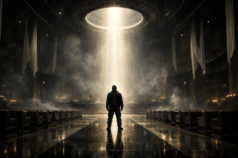 Cinematic ceremonial hall image representing Ye and Travis Scott’s “Father” as a spiritual comeback under judgment and power