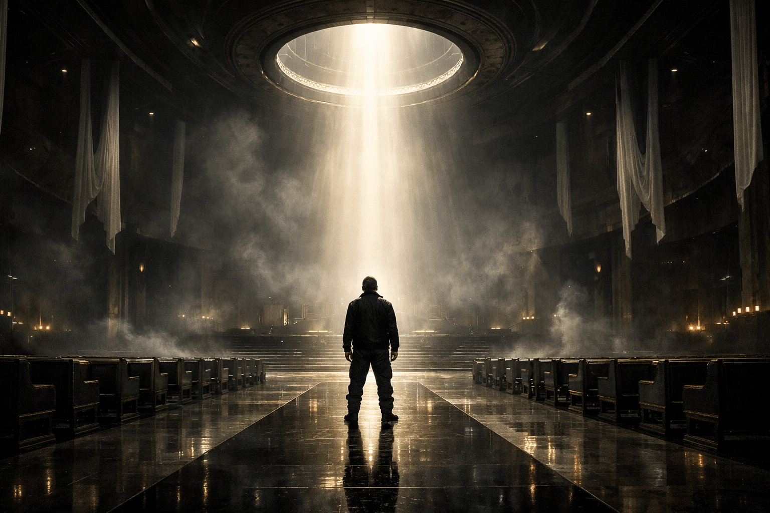 Cinematic ceremonial hall image representing Ye and Travis Scott’s “Father” as a spiritual comeback under judgment and power