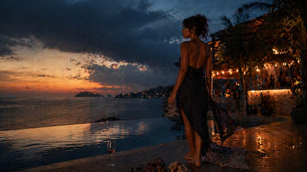 Young woman standing by a summer pool at dusk, symbolizing a temporary crush and emotional freedom in “Lush Life”.