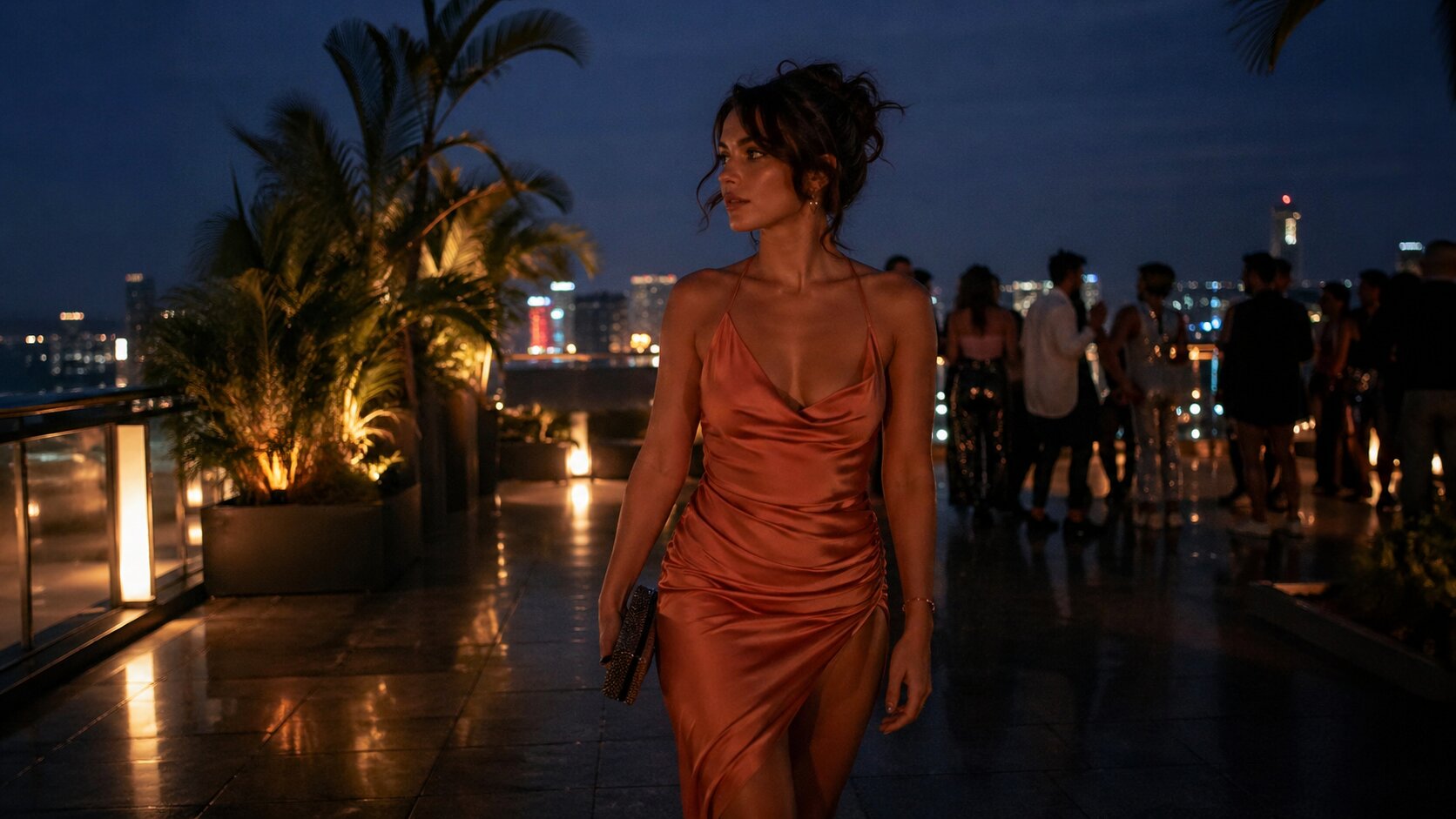 Young woman walking away from a summer rooftop party, symbolizing the freedom and self-direction in Zara Larsson’s “Lush Life”.
