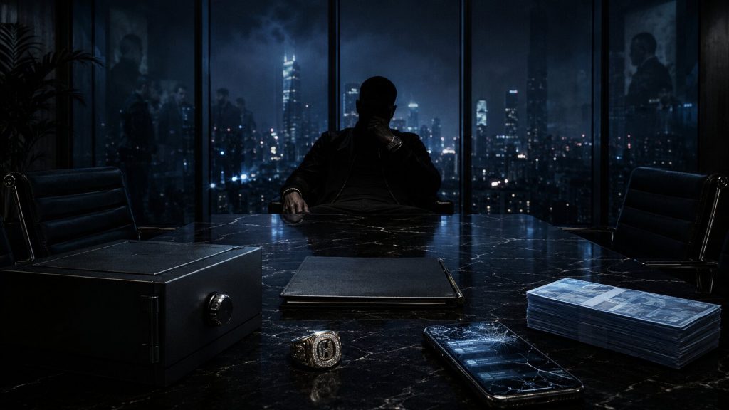 Moody luxury office with city skyline