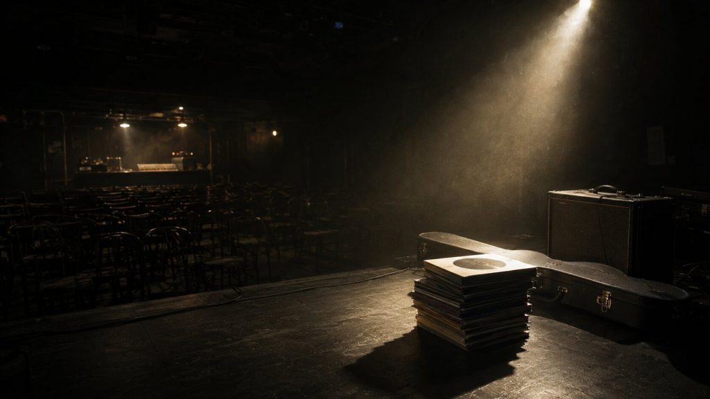 Empty music venue with album boxes symbolizing the risk of releasing an album too early.