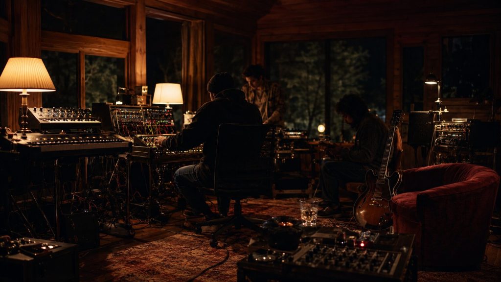 Warm late-night studio retreat scene with guitar and synthesizers, reflecting the human disco-house sound of ANOTR and 54 Ultra’s “Talk To You.”
