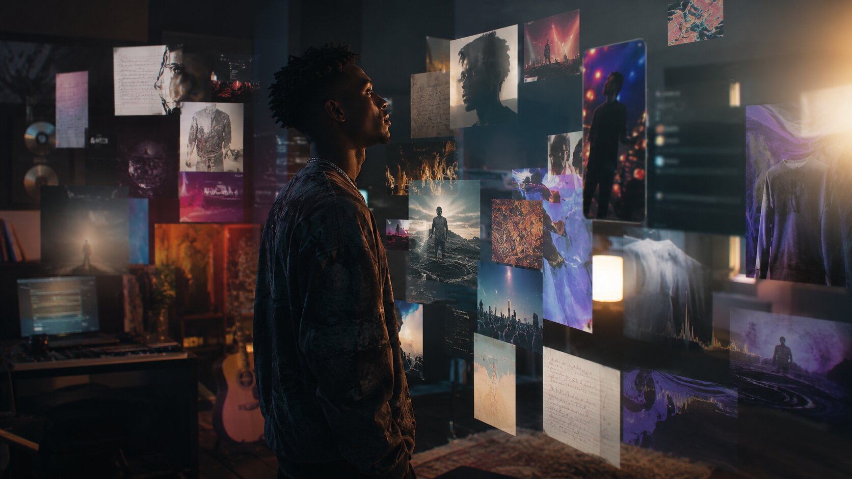 Independent artist surrounded by visual music branding elements forming a cohesive artist identity.