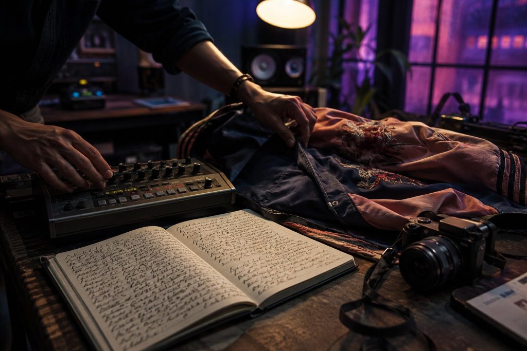 Artist branding memory hooks shown through music equipment, visual style elements, and lyric notes.