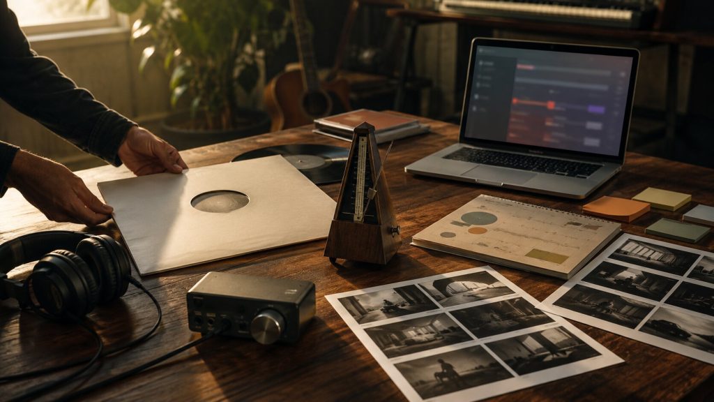 Music release campaign materials arranged on a studio desk for an independent single.