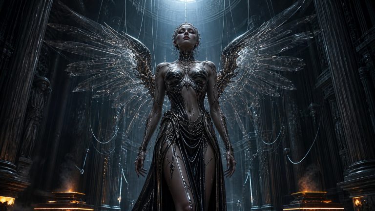 Futuristic bad angel android figure awakening in a dark cinematic EDM-inspired world