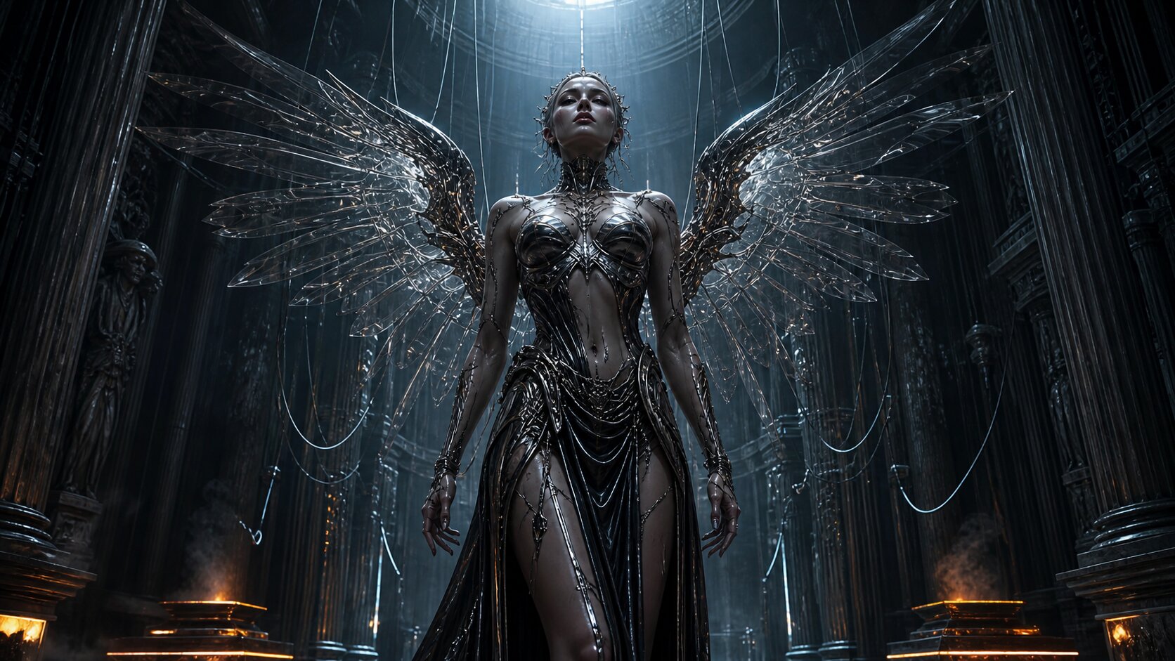 Futuristic bad angel android figure awakening in a dark cinematic EDM-inspired world