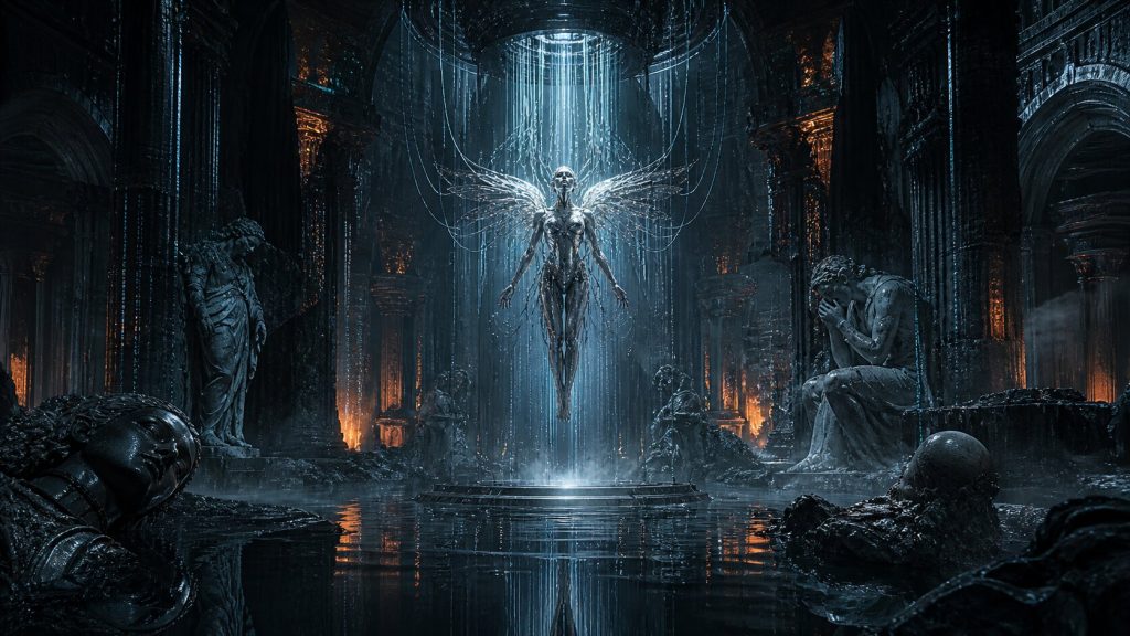 Angelic android suspended in a futuristic digital afterlife with ruins, water, and glowing cables