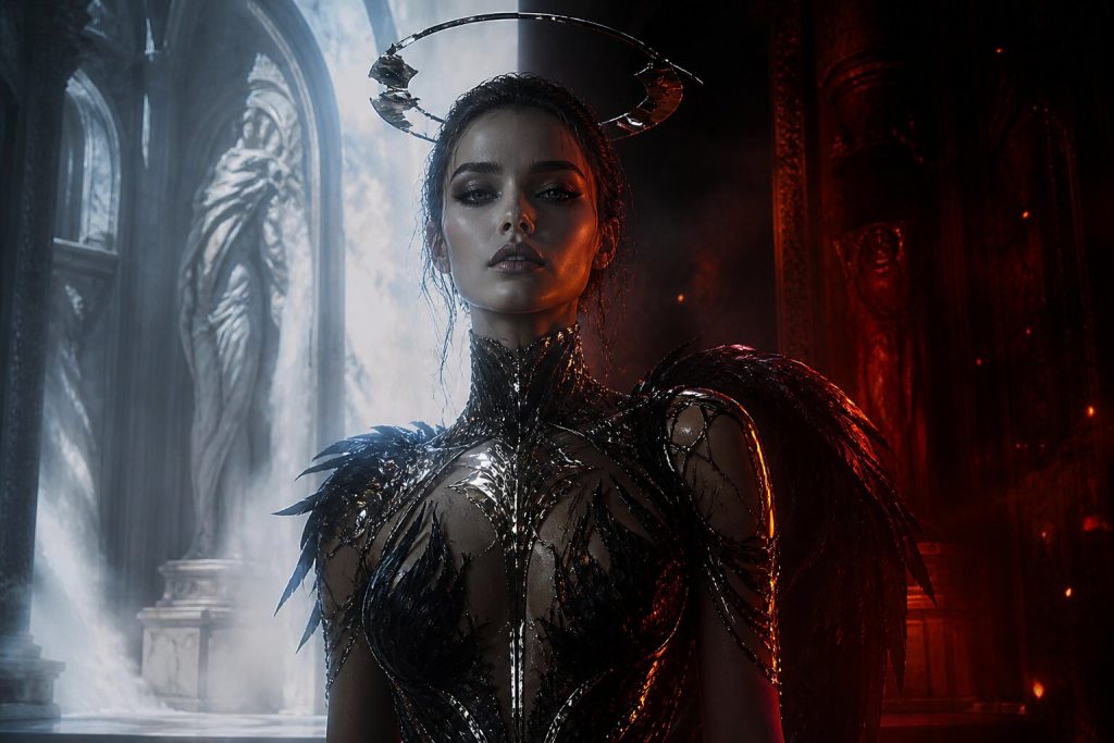 Dark angel figure between heavenly light and hellish fire symbolizing power and temptation