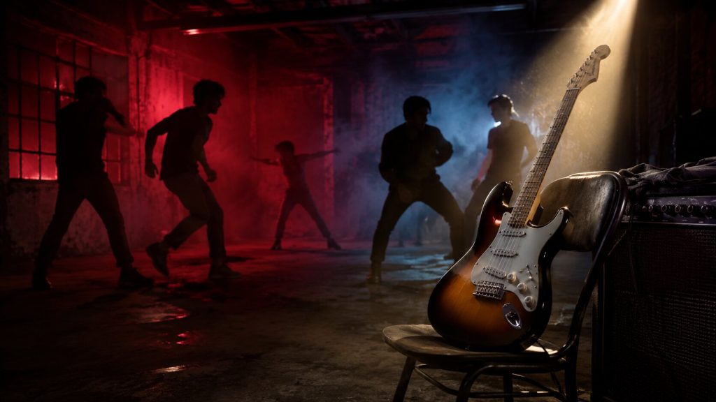 Symbolic electric guitar in a smoky rehearsal room with figures turning confrontation into movement, reflecting the rock energy of “Beat It”