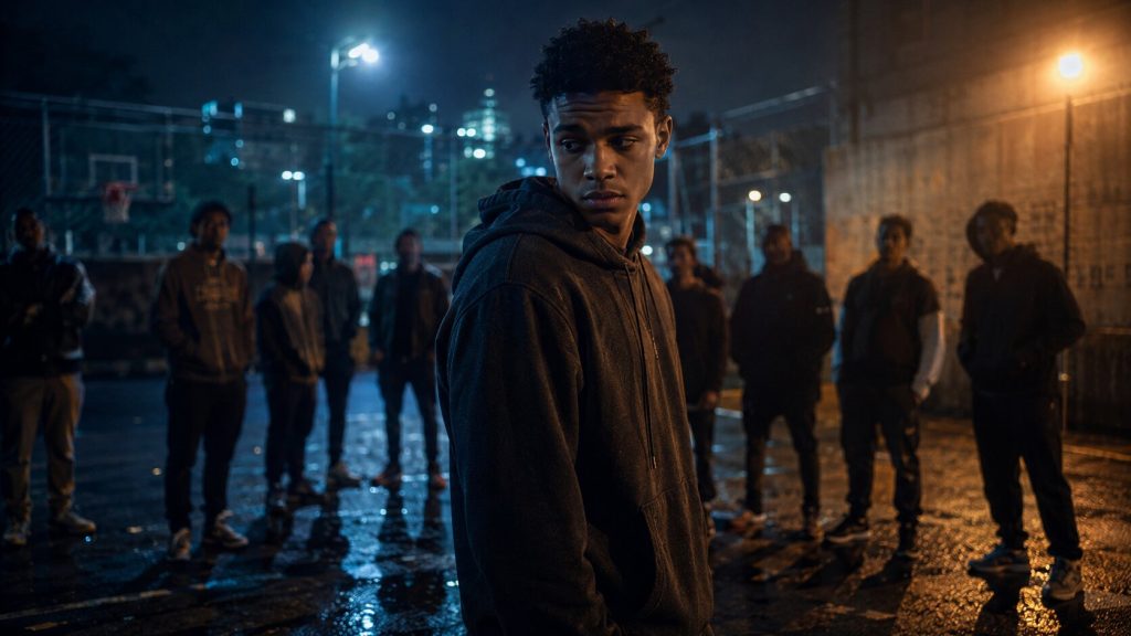 A tense young man faces peer pressure near a night-time urban court, representing pride and restraint in the meaning of “Beat It”
