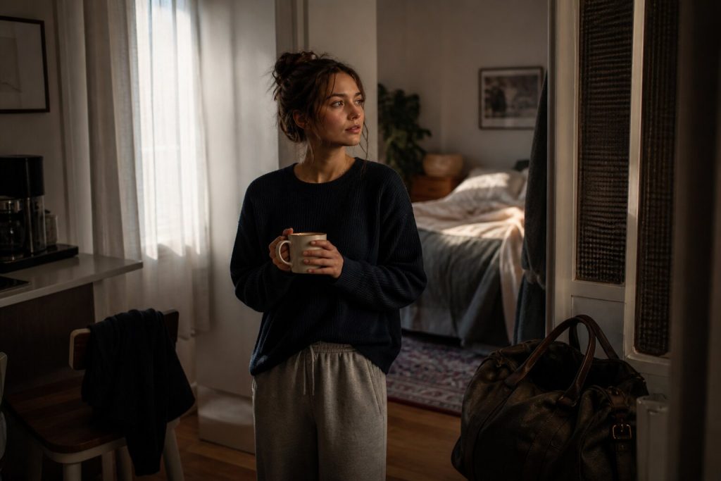 A young woman stays in a softly lit apartment morning scene, reflecting the comfort and emotional openness in “Boston” by Stella Lefty.