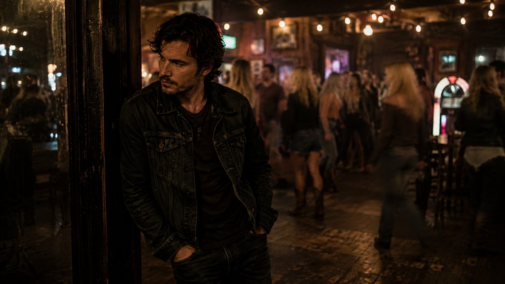 A lonely country bar scene representing romantic patterns and heartbreak in Tucker Wetmore’s “Brunette”