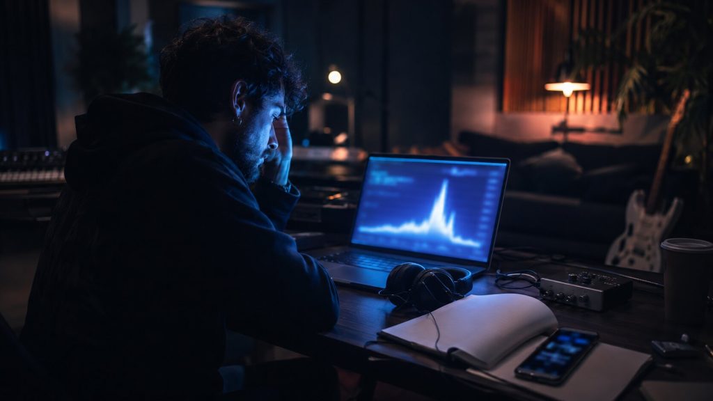 Independent artist in a dark studio looking at a suspicious streaming analytics spike, symbolizing the danger of buying fake streams.