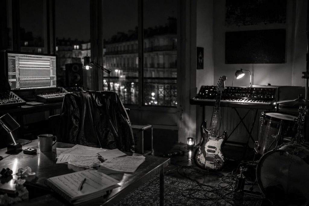 Moody black-and-white studio scene with guitars, synths, drums, and cables symbolizing the genre satire behind Charli xcx’s “Rock Music.”