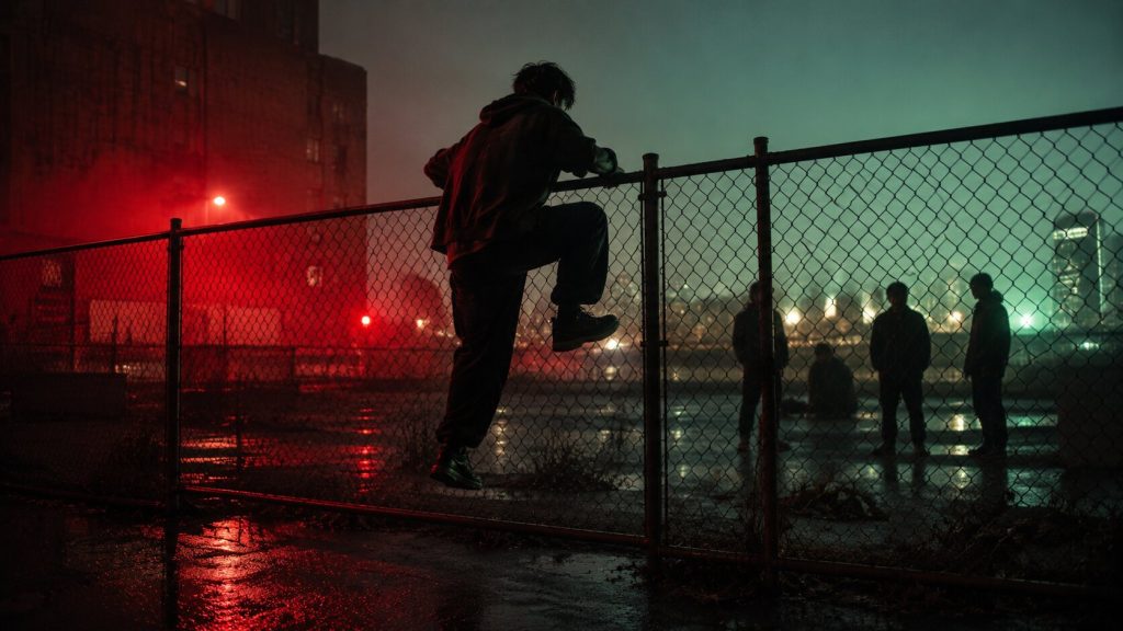 Young person crossing a fence from red light into green dawn, symbolizing creative self-definition in CORTIS “REDRED”