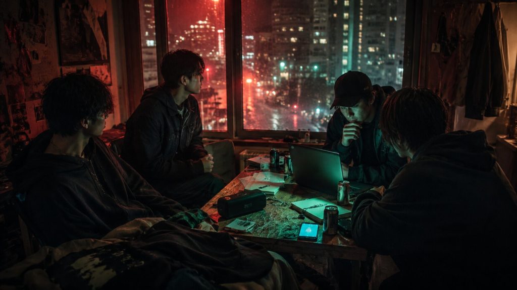 Young creatives in a late-night room building a raw beat, reflecting the restless first-verse energy of CORTIS “REDRED”