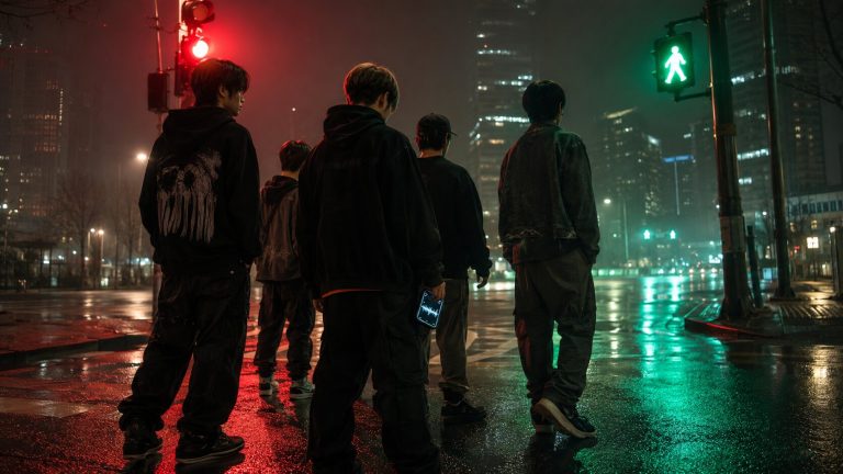 Cinematic youth crew at a night intersection choosing a green signal over a red light, symbolizing the meaning of CORTIS “REDRED.”