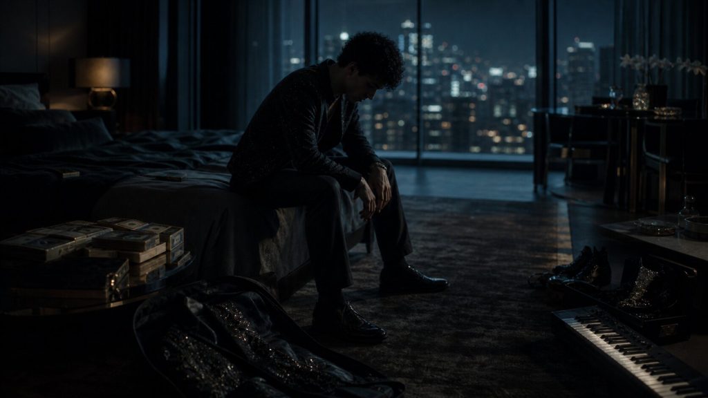 Luxury hotel room with cash and white piano keys symbolizing fame and emotional distance in Dominic Fike’s “White Keys”